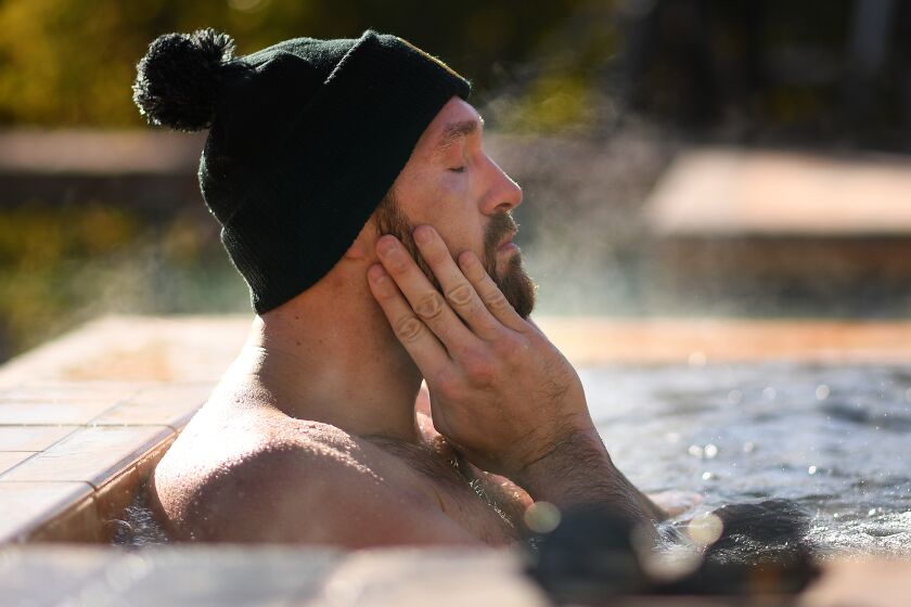 LAS VEGAS, CALIFORNIA JANUARY 21, 2020-Boxer Tyson Fury sits in a jacuzzi after an early morning workout in Las Vegas. Fury will challenge Deontay Wilder for the heavyweight title. (Wally Skalij/Los Angeles Times)