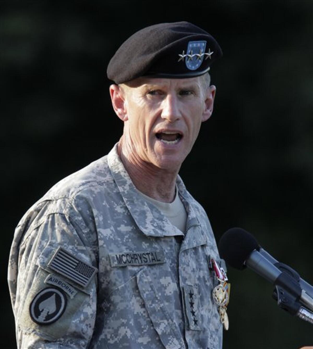 Gen. Stanley McChrystal speaks as he is honored at a retirement ceremony at Fort McNair in Washington, Friday, July 23, 2010. McChrystal's illustrious career came to an abrupt end when he resigned as the top U.S. commander in Afghanistan after he and his staff were quoted in a Rolling Stone magazine article criticizing and mocking key Obama Administration officials. (AP Photo/J. Scott Applewhite)