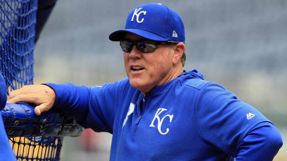 Kansas City Royals manager Ned Yost watches batting practice before a game against the Angels on April 26.