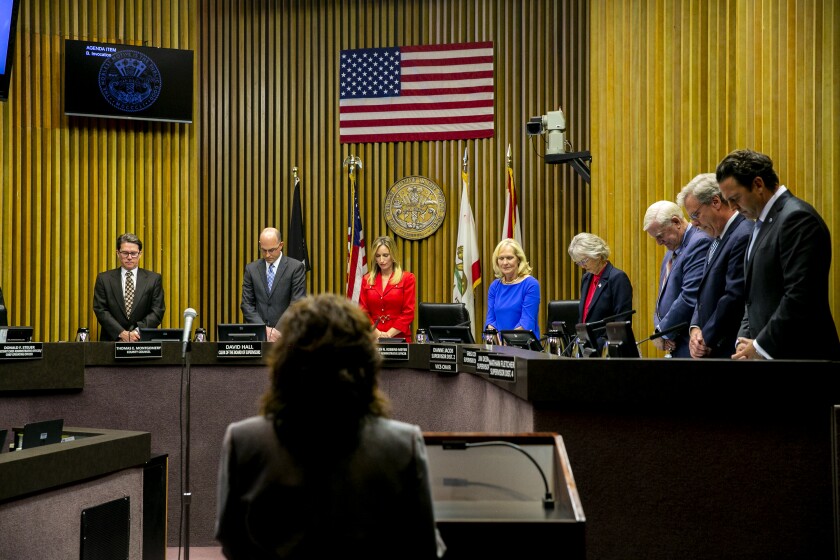 A divided San Diego County Board of Supervisors, pictured here at a swearing-in ceremony in January, voted Wednesday to file an amicus brief in support of the Trump administration's lawsuit against California's sanctuary laws.