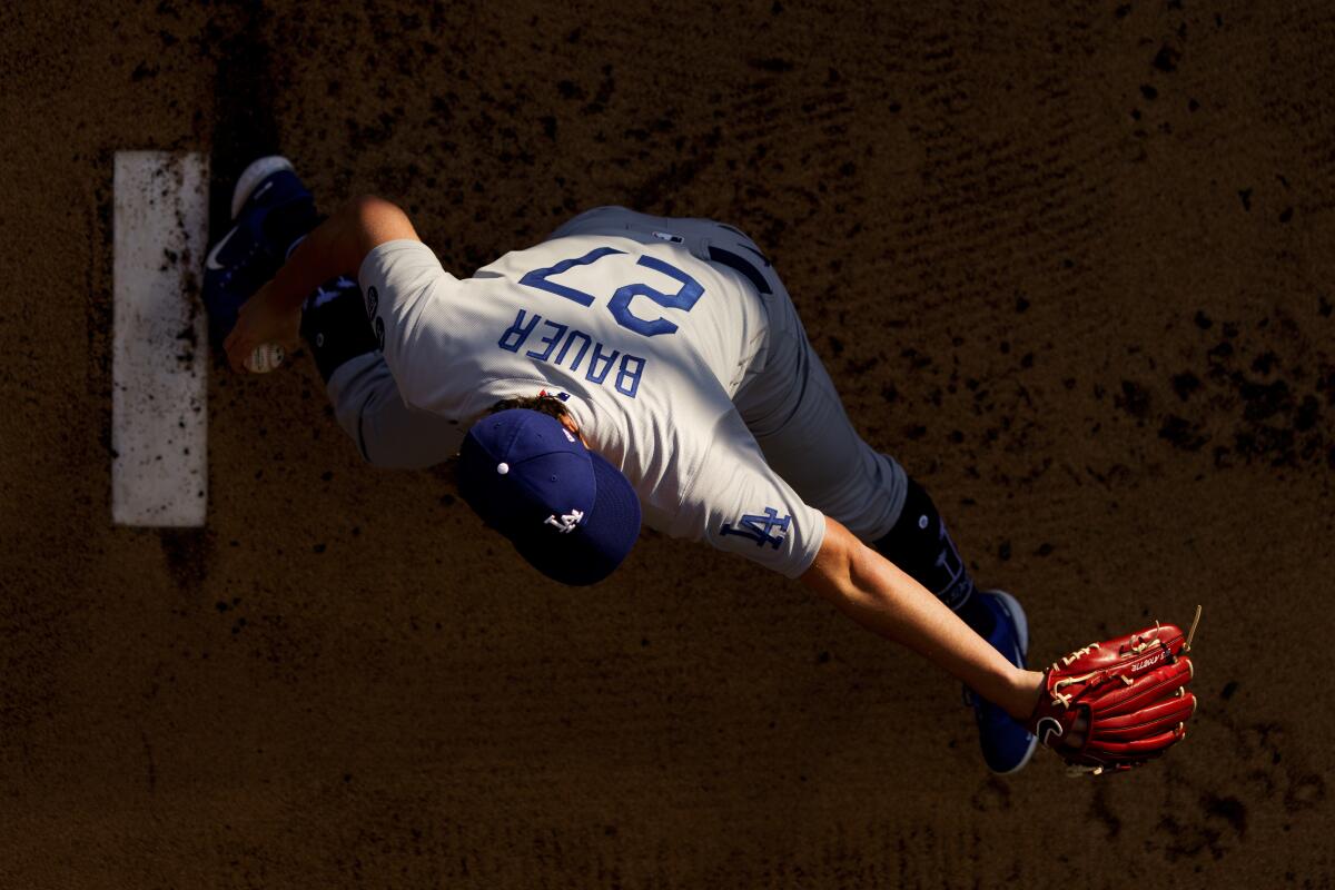An overhead view of Trevor Bauer delivering a pitch on the mound