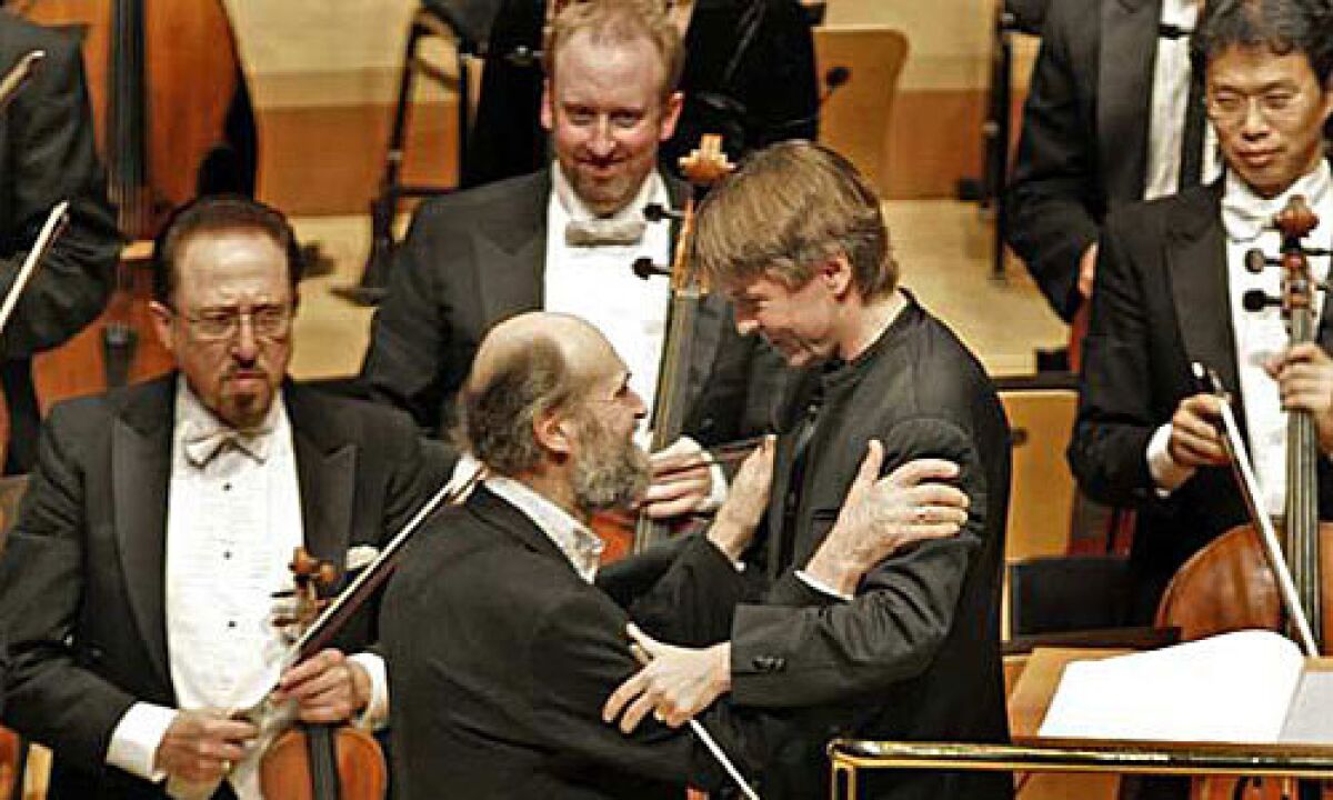 Arvo Pärt and Esa-Pekka Salonen at the 2009 world premiere of Pärt's Symphony No. 4, "Los Angeles," commissioned by the L.A. Phil.