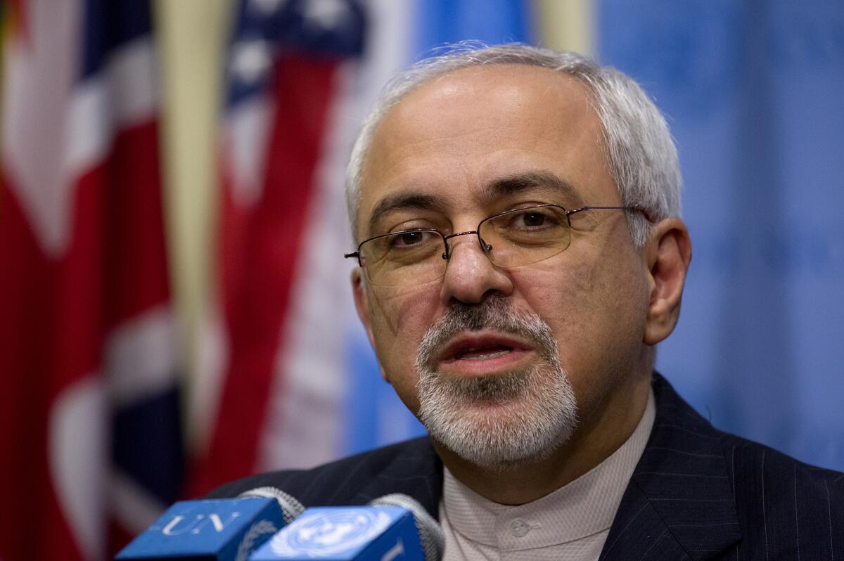 Iranian Foreign Minister Mohammad Javad Zarif speaks with reporters at the United Nations Thursday after meeting with representatives of the five permanent members of the United Nations Security Council plus Germany at U.N. headquarters in New York.