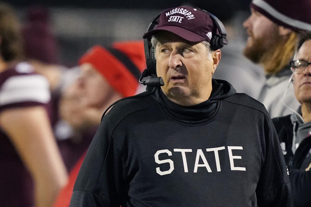 Mississippi State head coach Mike Leach looks across the field at his team during the second half.