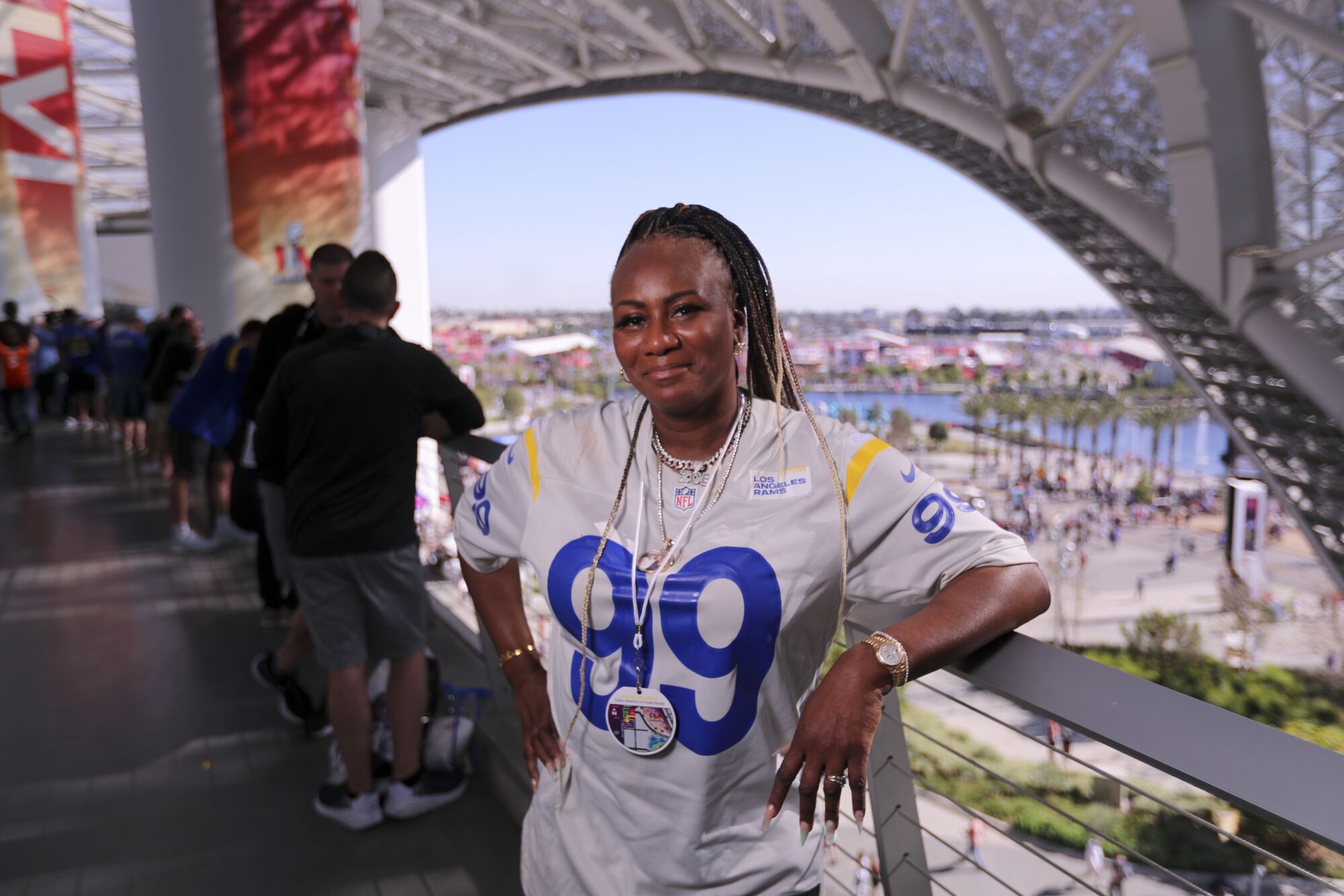 Zoe Skyy, of New Jersey, poses for a photo before the Super Bowl LVI