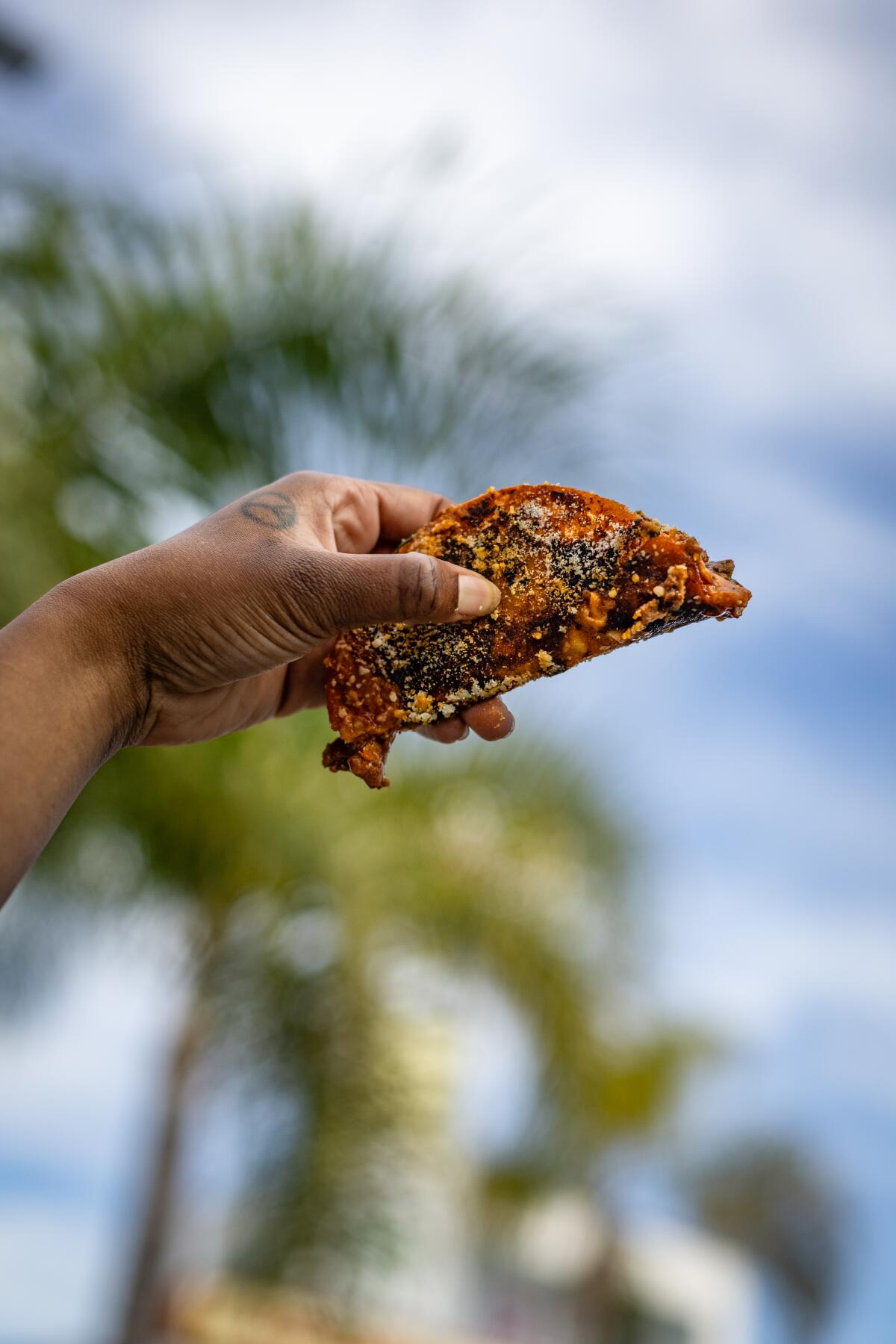 A hand holding up an enchiladas taco.