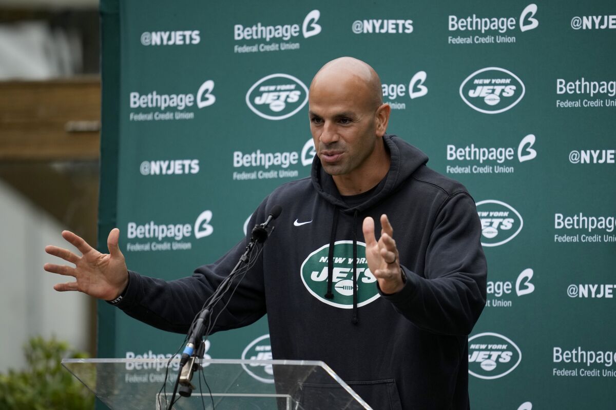 New York Jets' Robert Saleh gives a press conference before an NFL practice session at Hanbury Manor Marriott Hotel and Country Club near the town of Ware, in south east England, Friday, Oct. 8, 2021. The New York Jets are preparing for an NFL regular season game against the Atlanta Falcons in London on Sunday. (AP Photo/Matt Dunham)