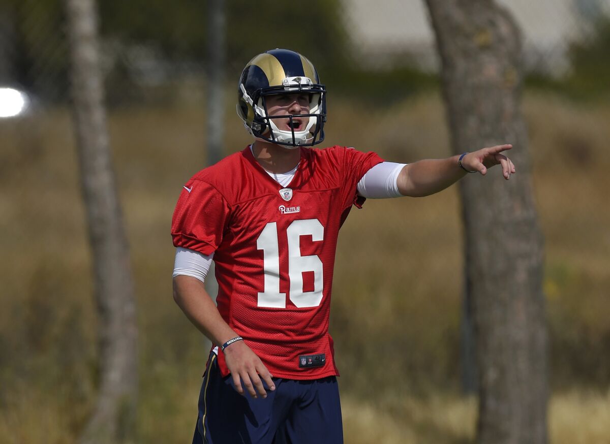 Rams quarterback Jared Goff gestures during the rookie minicamp in Oxnard, Calif. on May 6.