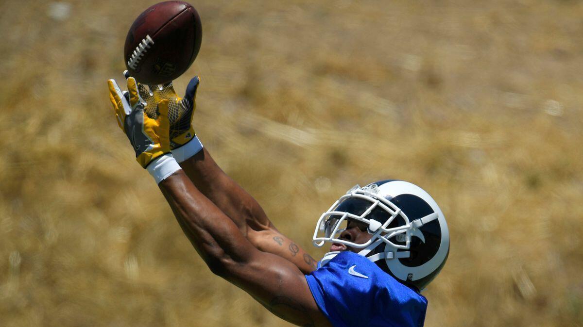 Rams tight end Gerald Everett makes a catch during practice on June 13 in Thousand Oaks.
