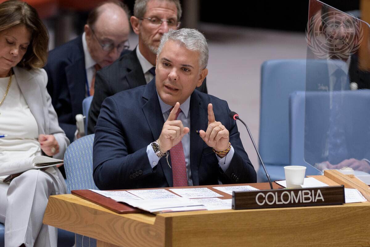 In this photo provided by the United Nations, Colombia's President Ivan Duque Marquez, speaks in the UN Security Council, Tuesday, April 12, 2022. (Manuel El'as/UN Photo via AP)