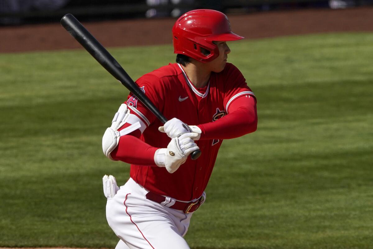 Los Angeles Angels designated hitter Shohei Ohtani against the Texas Rangers during a spring training baseball game.