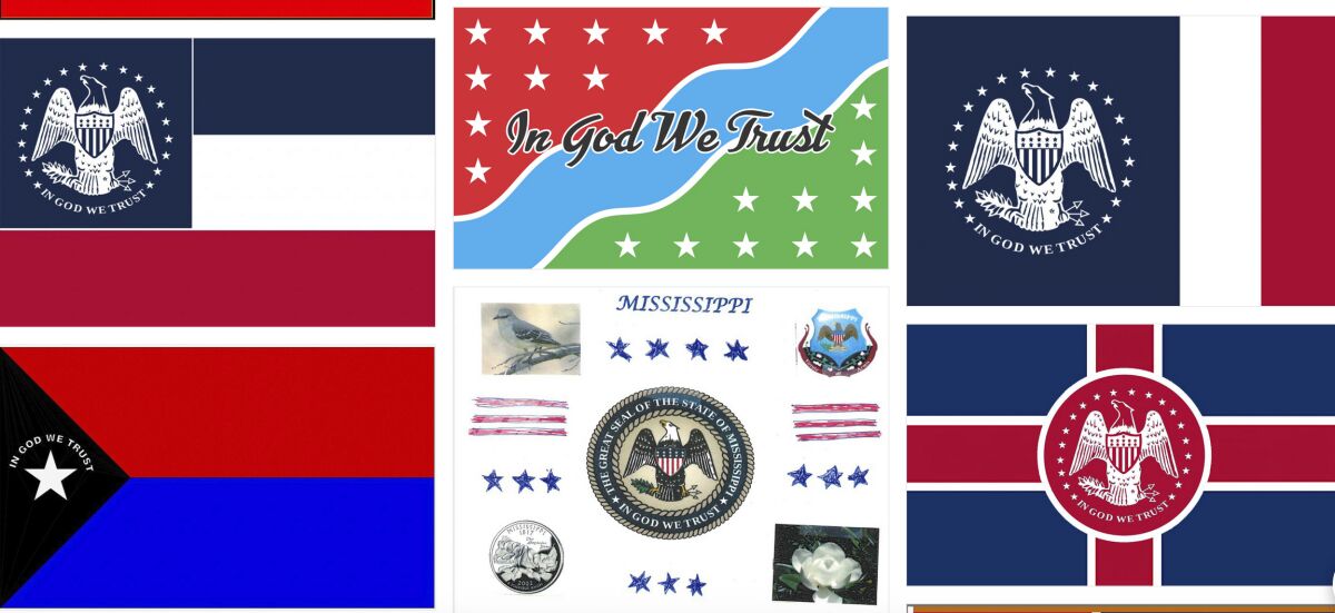 Magnolias, stars, a Gulf Coast lighthouse, a teddy bear, and even Kermit the Frog appear on some of the over 1,800 proposals submitted by the general public for a new Mississippi flag and posted Monday, Aug. 3, 2020, on the Mississippi Department of Archives and History web site. The state recently retired the last state banner with the Confederate battle emblem that's widely condemned as racist and a nine-member commission will design a replacement that cannot include the Confederate symbol and must have the phrase, "In God We Trust." (Mississippi Department of Archives and History, via AP)