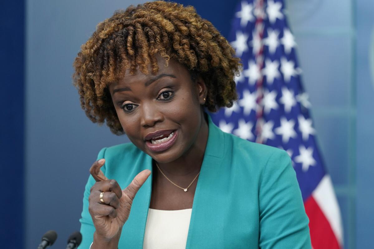 White House press secretary Karine Jean-Pierre speaks during the daily briefing at the White House in Washington, Thursday, Sept. 1, 2022. (AP Photo/Susan Walsh)