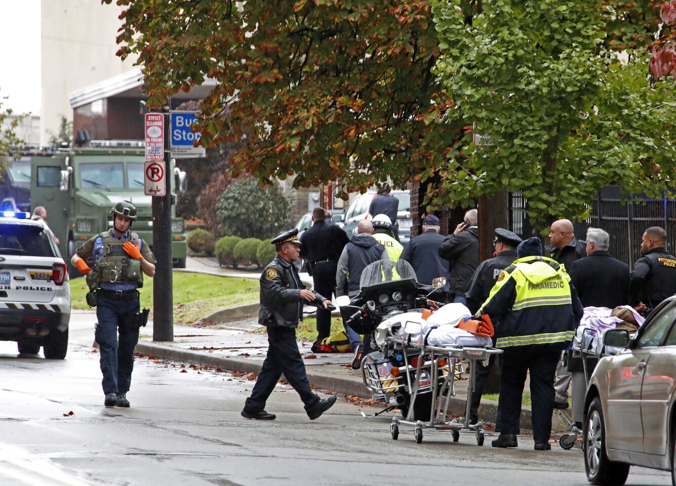 First responders surround the Tree of Life synagogue in Pittsburgh, where a shooter opened fire Oct. 27, 2018.