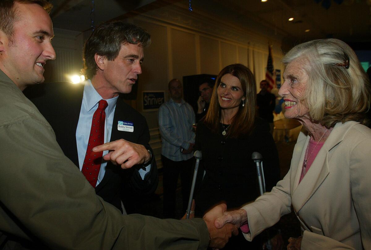 On the night he won a Santa Monica City Council seat in 2004, Bobby Shriver, second from left, introduces members of his family -- sister Maria Shriver, second from right, and late mother, Eunice Shriver -- to guests at his election night party.