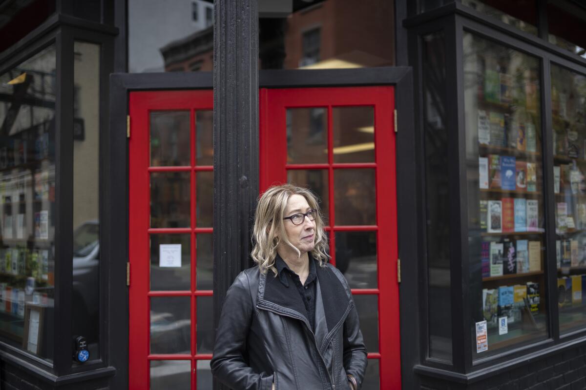 Poet and essayist Diana Goetsch in Manhattan outside a bookstore