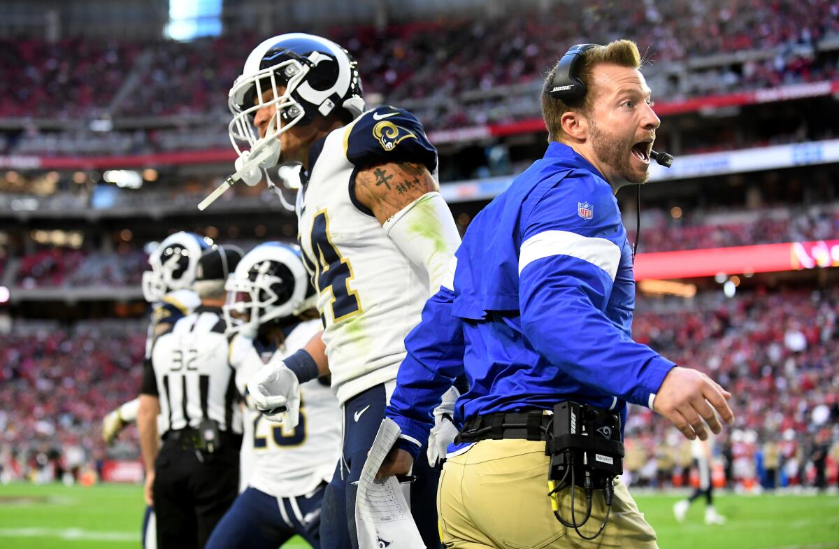 Rams coach Sean McVay shows his excitement from the sideline during L.A.'s rout of the Arizona Cardinals.