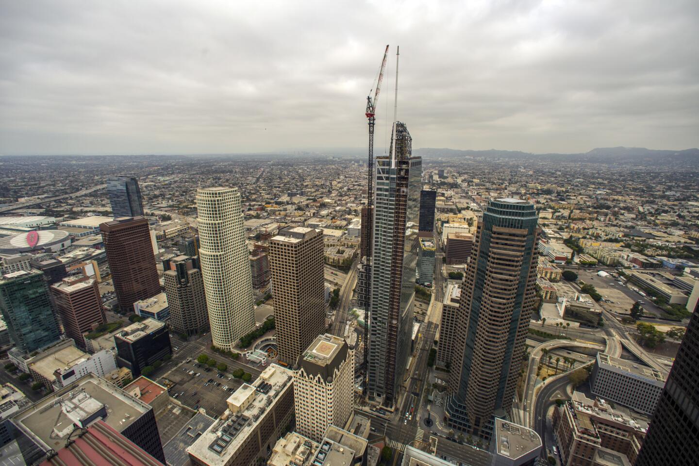 The installation of the spire atop L.A.'s 73-story Wilshire Grand, the tallest skyscraper in the West, in September 2016.