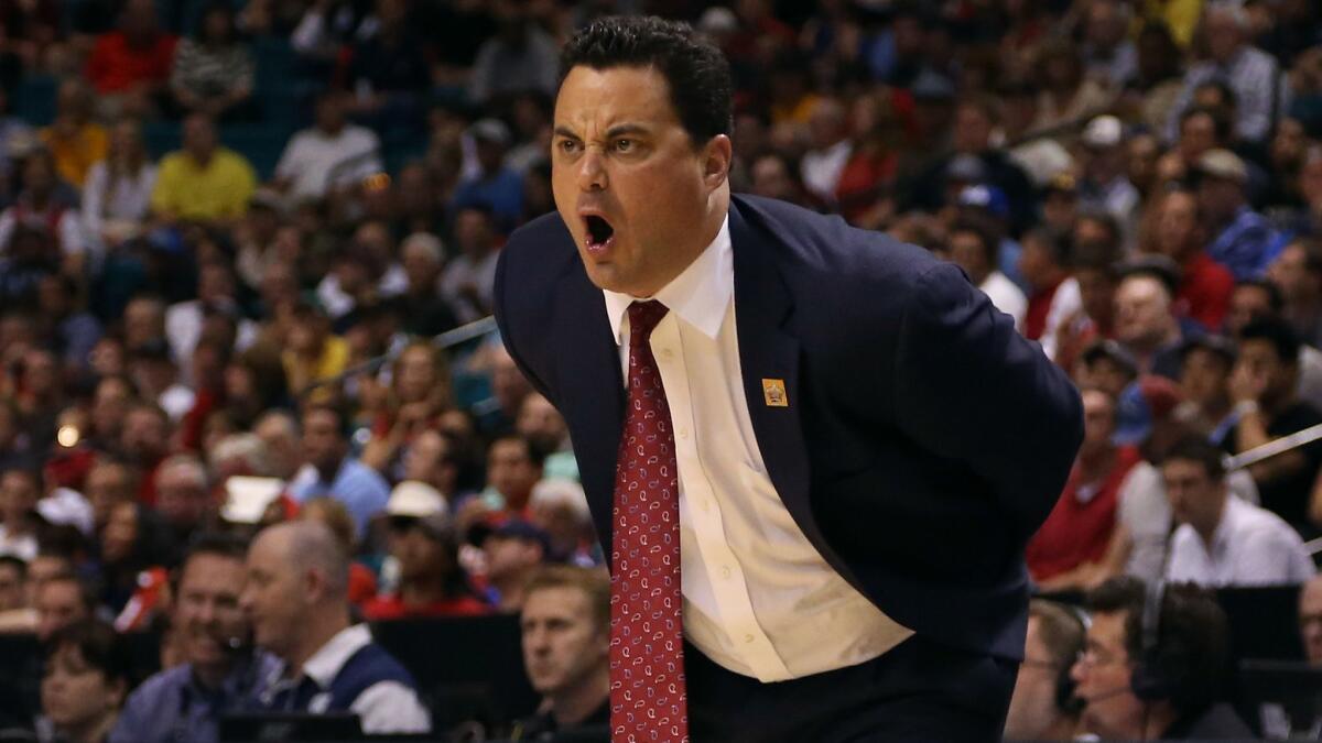 Sean Miller coaches the Arizona Wildcats against UCLA during the Pac-12 tournament March 14 in Las Vegas.
