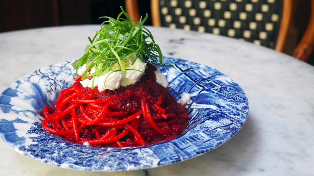 A bowl of beet pasta from Cento pasta bar in downtown L.A.