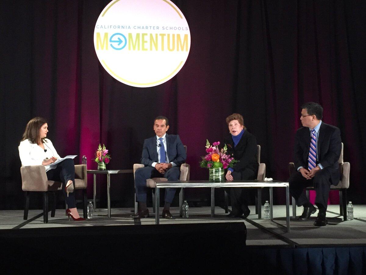 From left to right, gubernatorial candidates Antonio Villaraigosa, Delaine Eastin and John Chiang speak at a candidate forum held by the California Charter Schools Assn.