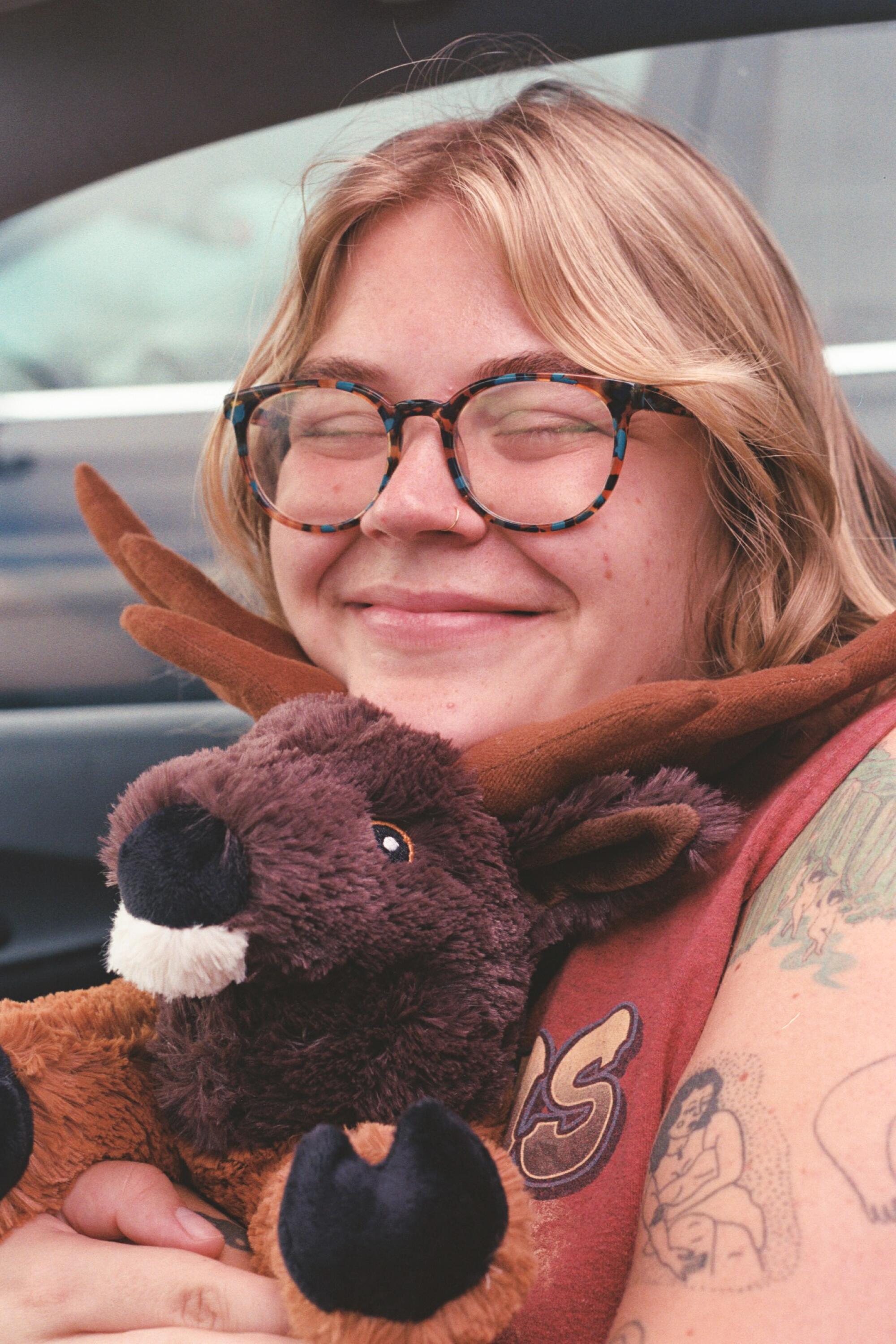 Julia and a new Elk stuffed animal named Peanut from the gift shop at Black Canyon of the Gunnison.