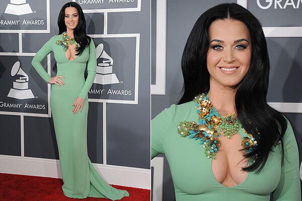 Katy Perry took inspiration from Priscilla Presley in the 1970s, wearing a long-sleeve mint green gown by Gucci.