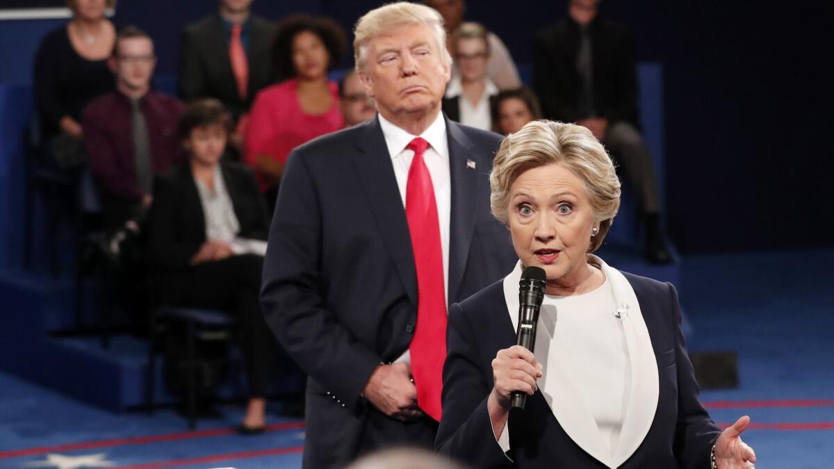Hillary Clinton and Donald Trump at the second presidential debate on Oct. 9, 2016.