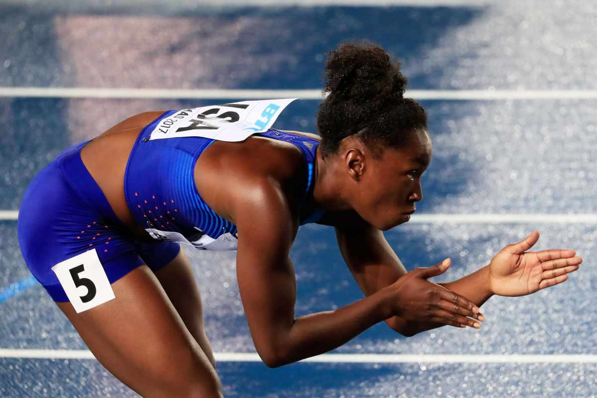 Tianna Bartoletta prepares to compete in the 400-meter relay during the 2017 IAAF/BTC World Relays.