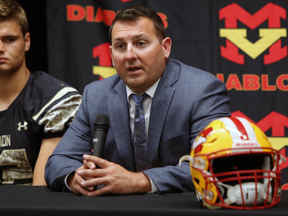 Mission Viejo coach Chad Johnson speaks during media day featuring eight of the top Orange County public programs on Wednesday.