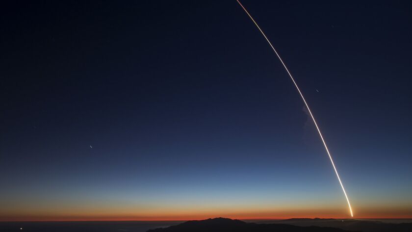 A time-lapse image of a SpaceX Falcon 9 rocket launch from Vandenberg Air Force Base in October. SpaceX has received FCC approval to operate a second satellite constellation, in an orbit closer to Earth than the first network it is already working on.