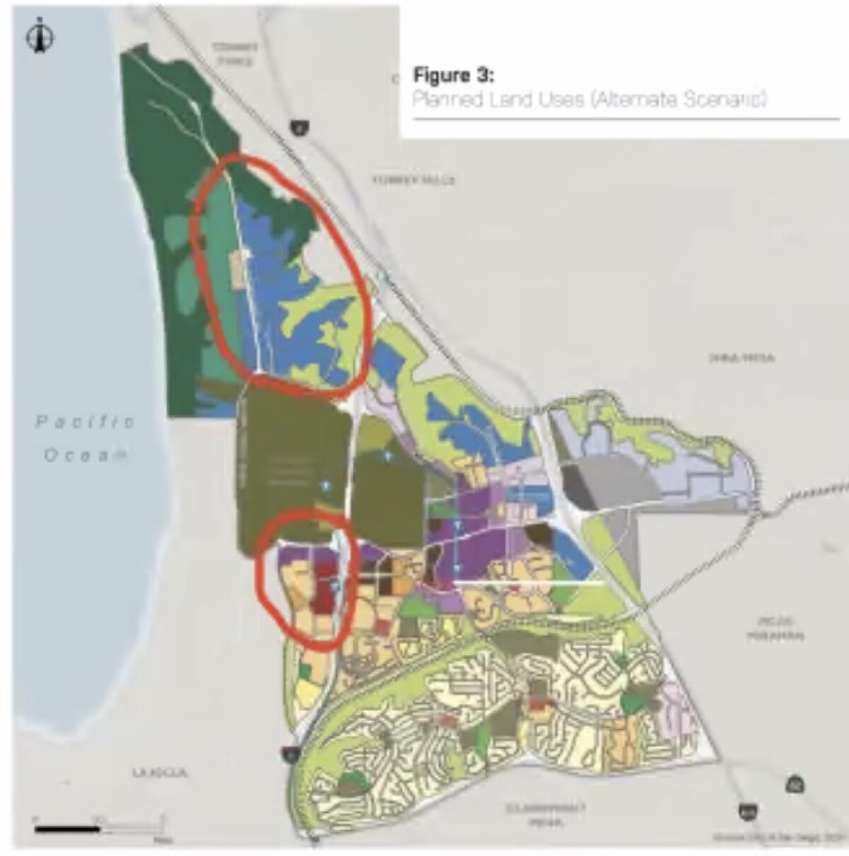 The portions of the University Community Plan circled in red are considered of most concern to La Jolla.