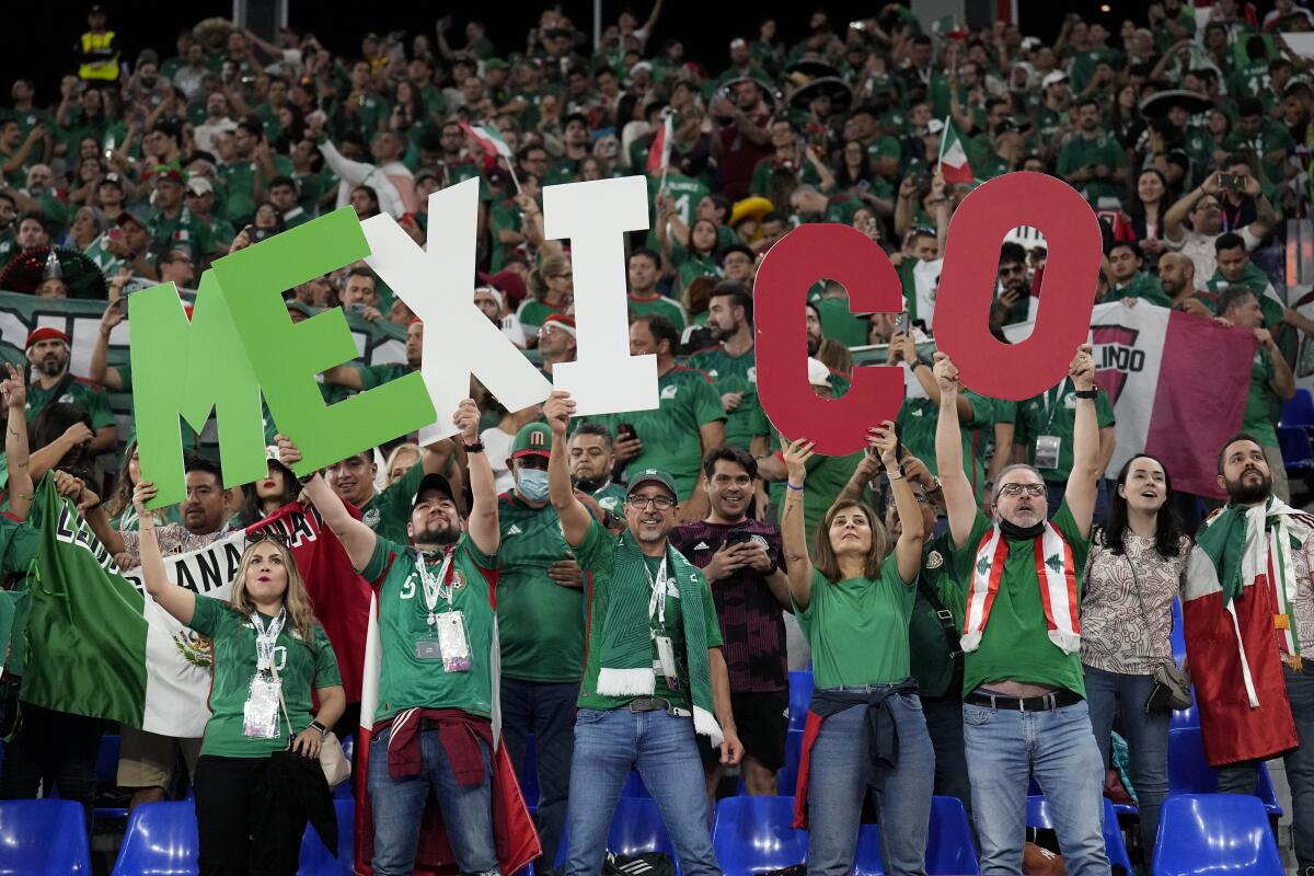 Fans of Mexico cheer during a World Cup group C soccer match against Poland.