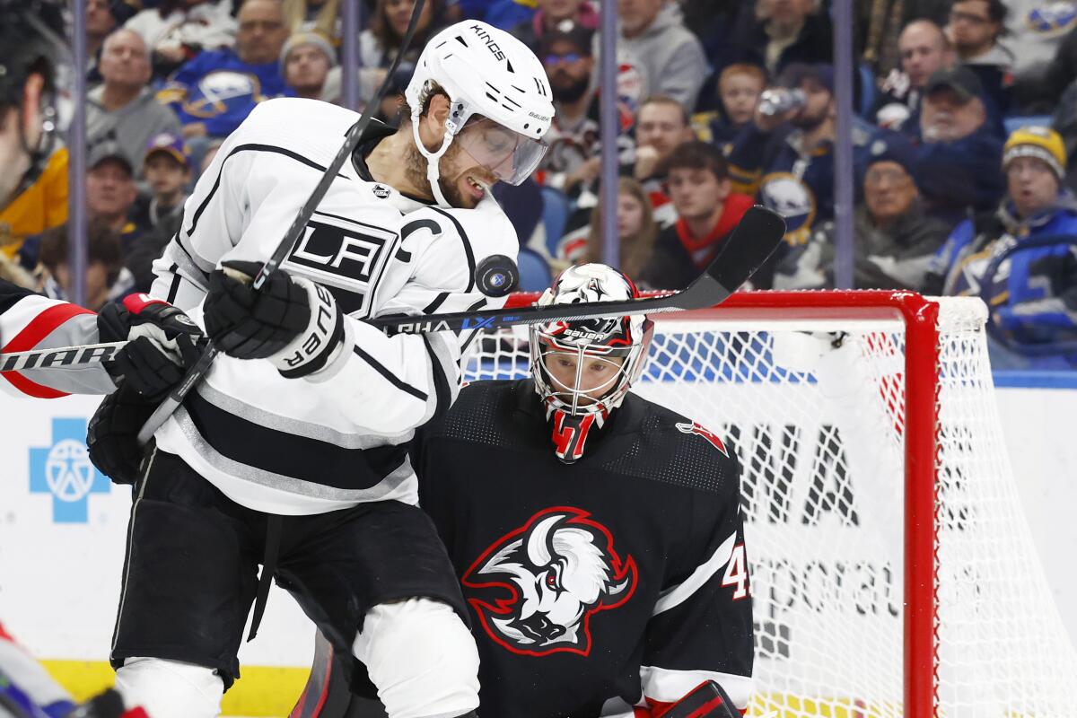 Kings center Anze Kopitar attempts to tip the puck past Buffalo Sabres goaltender Craig Anderson.
