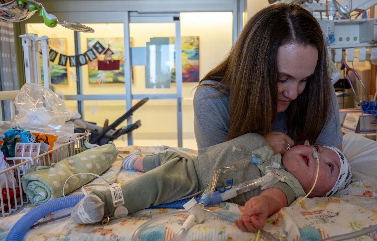Caitlin Martin with her son Connor at Children's Hospital of Orange County. 