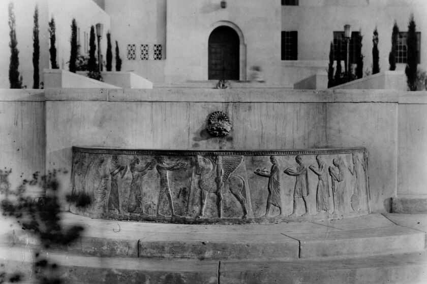 Photo of the Well of the Scribes sculpture, missing from L.A. Library since 1969 and just discovered in Arizona.