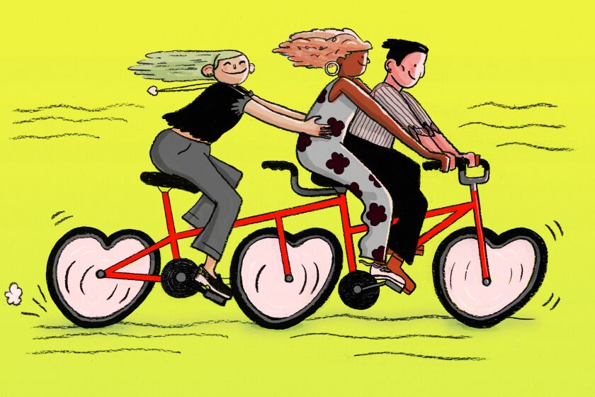 A couple and their friend riding a red tandem bicycle with heart-shaped wheels on a yellow background.