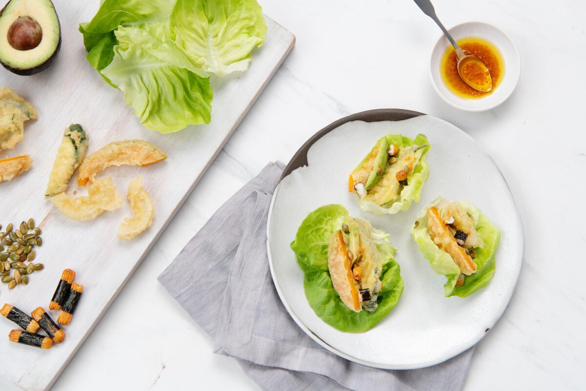 LOS ANGELES, CA-June 20, 2019: Japanese Vegetable Tempura Lettuce Wrap on Thursday, June 20, 2019.