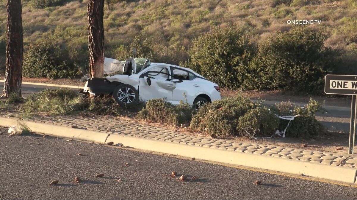 Footage from OnScene TV showed the front of a white four-door sedan crumpled into a tree on a raised median.