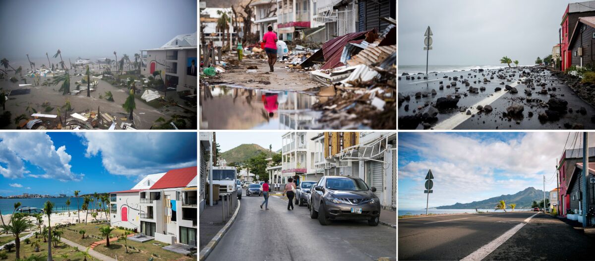 A photo collage shows debris-strewn streets on the Carribean island of St. Martin, top row, after the passage of Hurricane Irma on Sept. 7, 2017, and the same views on Feb. 27, 2018.