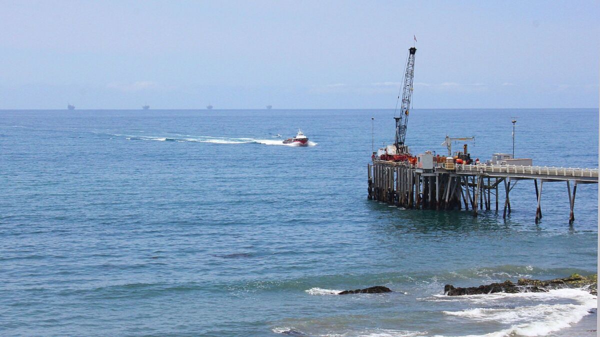 Oil platforms dot the horizon in the Santa Barbara Channel near Carpinteria.