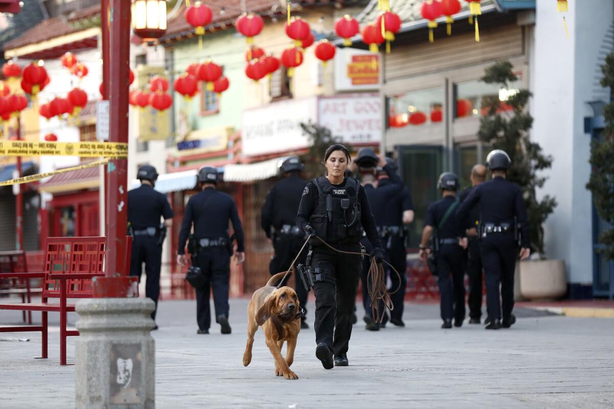Los Angeles police search in January for a suspect in the fatal stabbings of two senior citizens at the Hop Sing Tong social club in Chinatown.