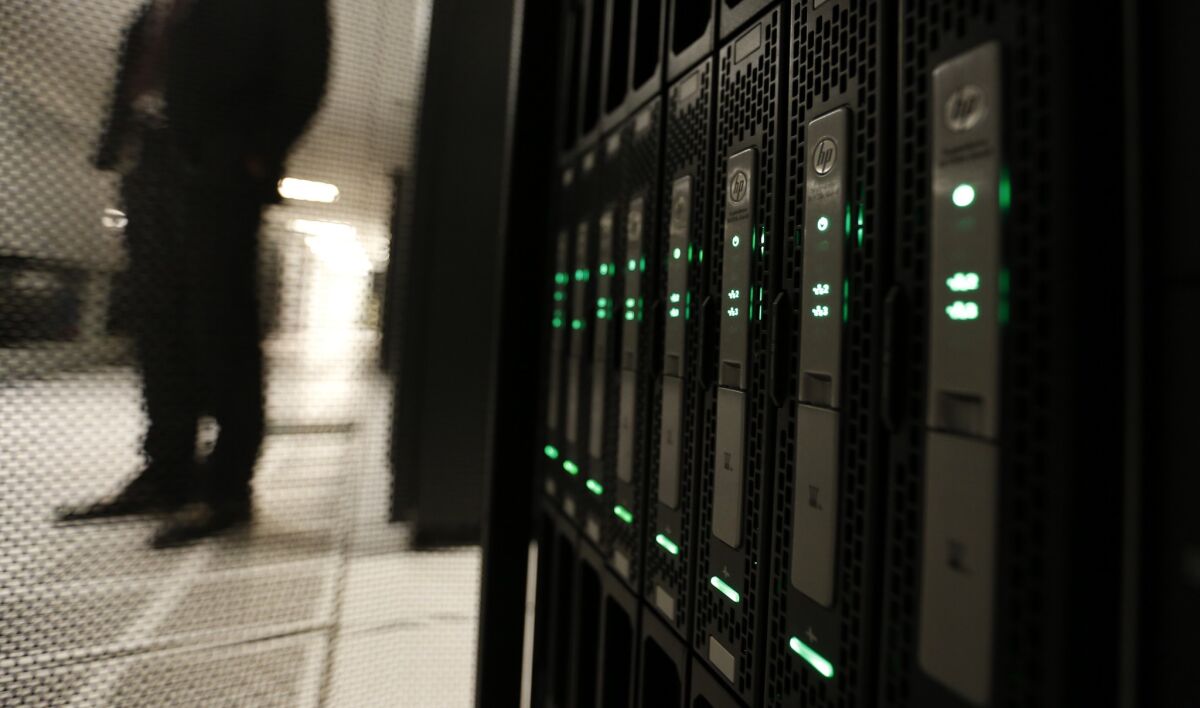 Servers in the data center at L.A. Unified School District's headquarters are running My Integrated Student Information System, or MISIS, on the first day of school in August 2015.