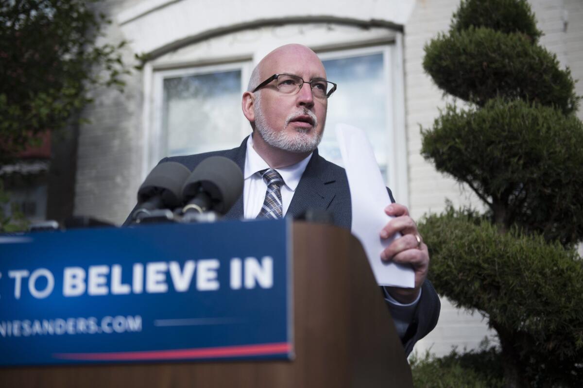 epa05074505 Democratic Presidential hopeful Bernie Sanders' Campaign Manager Jeff Weaver responds to a question from the news media during a press conference at Bernie Sanders campaign headquarters in Washington DC, USA, 18 December 2015. Weaver commented on and responded to questions about a data breach between Democratic campaigns at DNC headquarters. EPA/SHAWN THEW ** Usable by LA, CT and MoD ONLY **