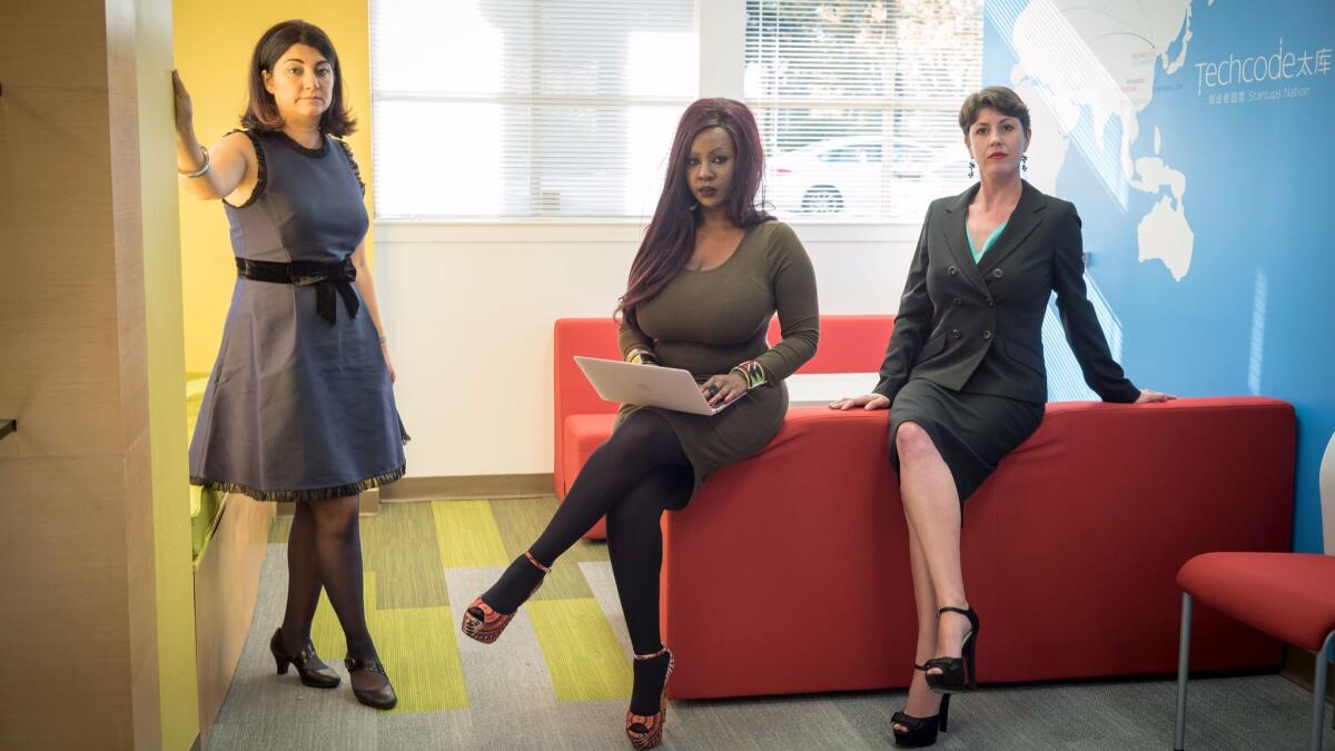 Layla Sabourian, left, Kiki Mwiti and Samantha Friedman started FairFunders to combat sexism and harassment and increase diversity in the tech industry.