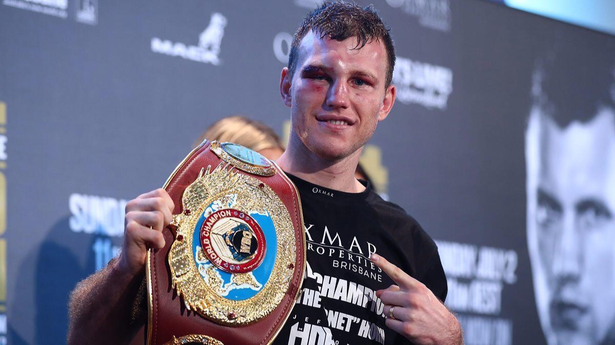Jeff Horn of Australia basks in victory after winning a title bout against Manny Pacquiao.