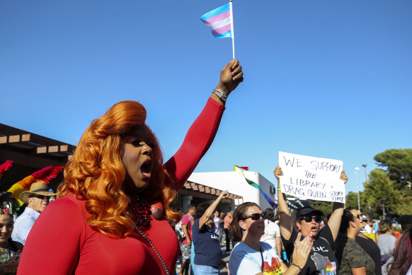 Strawberry Corncakes chants slogans with other supporters of the Drag Queen Story Hour at the Chula Vista Public Library, Civic Center Branch, on Tuesday, September 10, 2019 in Chula Vista, California.