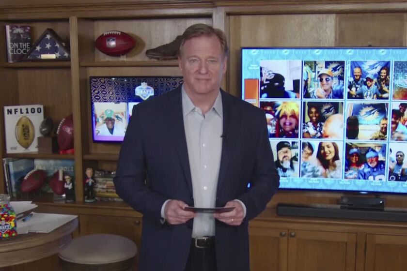 In this still image from video provided by the NFL, Roger Goodell speaks from his home in Bronxville, N.Y., during the NFL football draft Thursday, April 23, 2020. (NFL via AP)