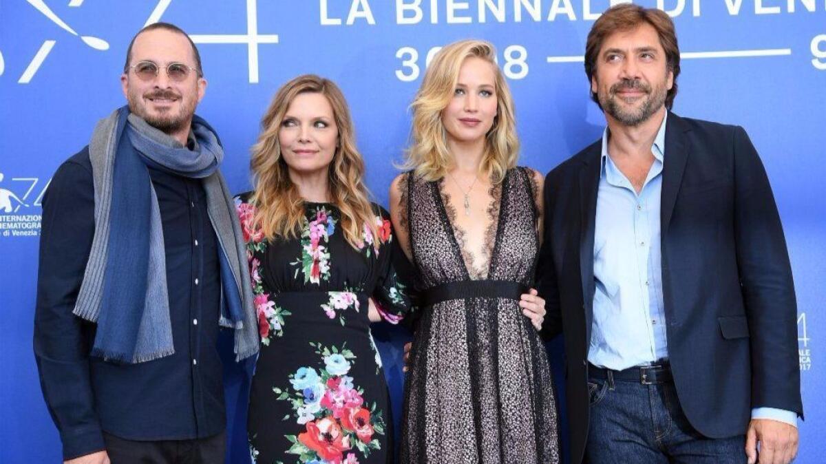 From left, director Darren Aronofsky, actresses Michelle Pfeiffer, Jennifer Lawrence and actor Javier Barden at the 74th Venice International Film Festival, in Venice, Italy on Sept. 5, 2017.