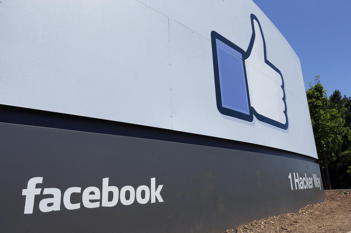 The sign at Facebook's headquarters in Menlo Park.